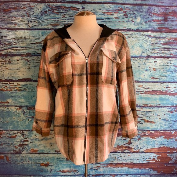 Shein Curve Lightweight Hooded Plaid Shacket - Picture 2 of 7